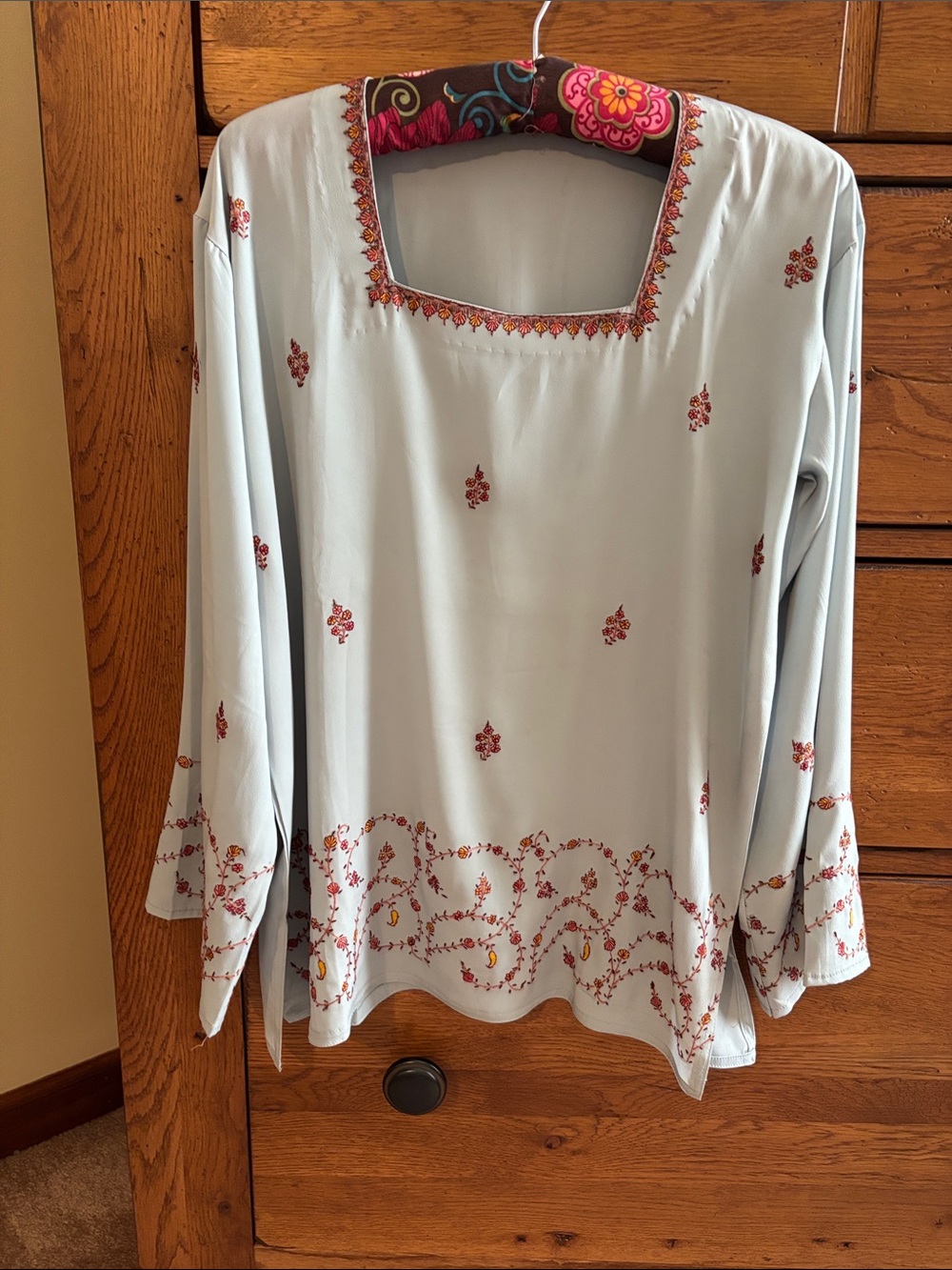 Hand Crafted Pale Blue Embroidered Square-Neck Tunic